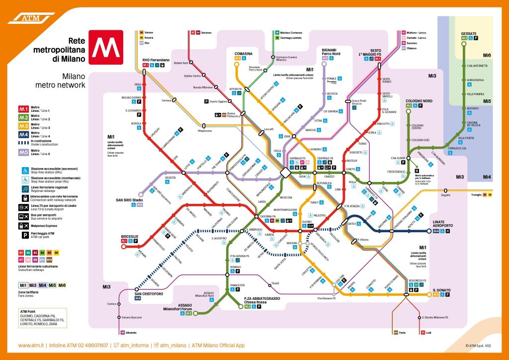 Map of public transport in Milan - metro lines